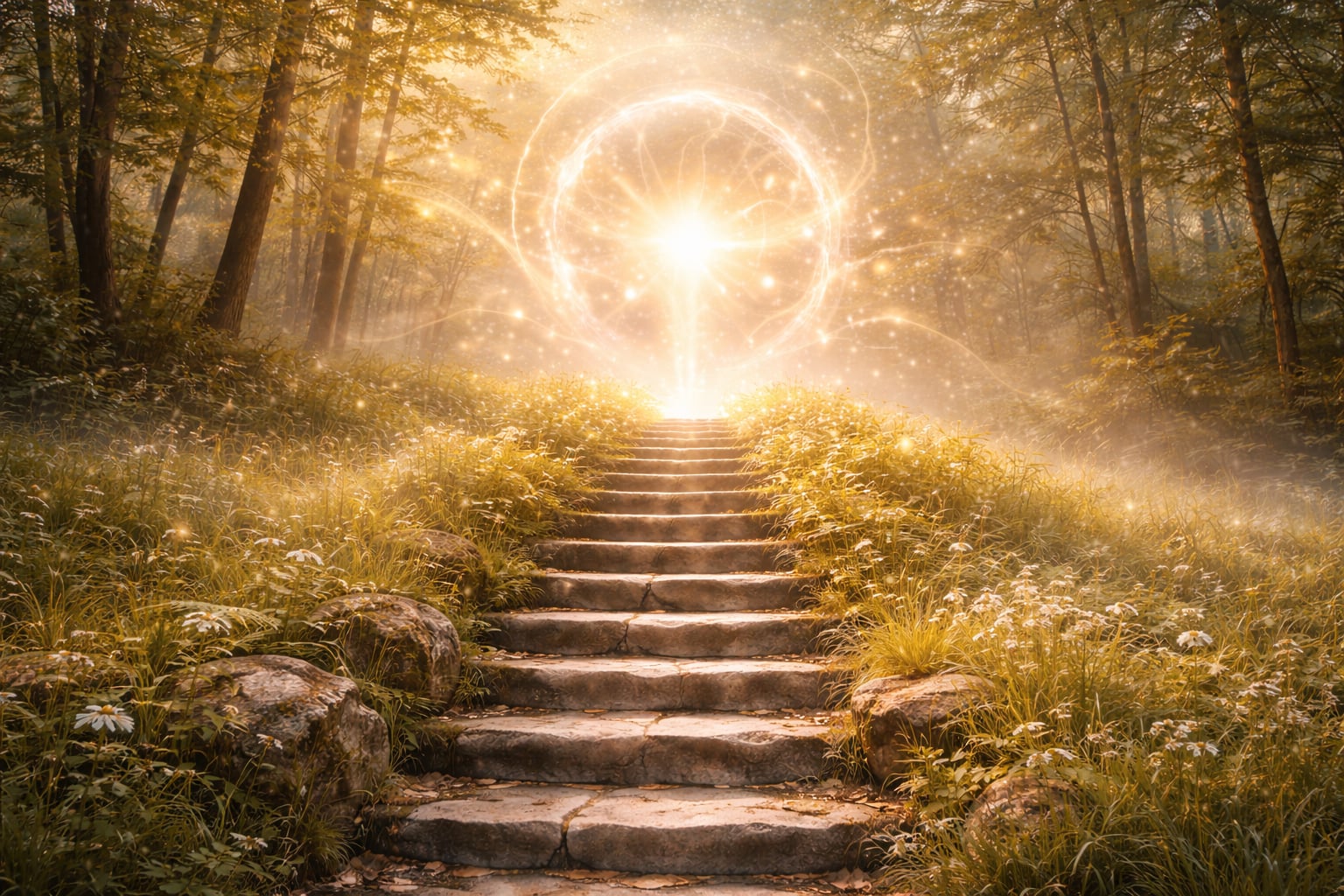 Chemin lumineux à travers la nature, symbolisant l'exploration intérieure
